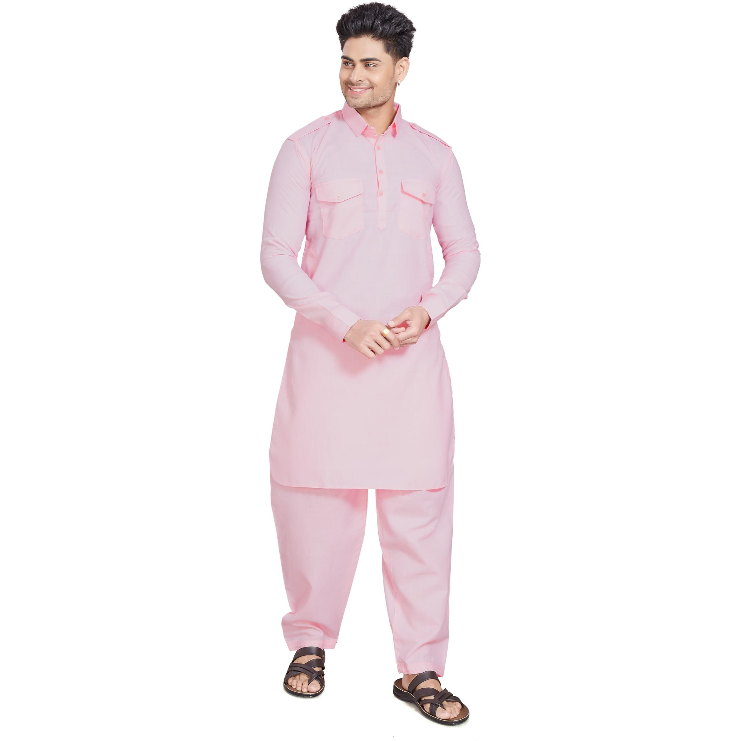 Divisive Men's Cotton Blend Pathani Kurta Pyjama Set (Dkrt462_S_Pink)