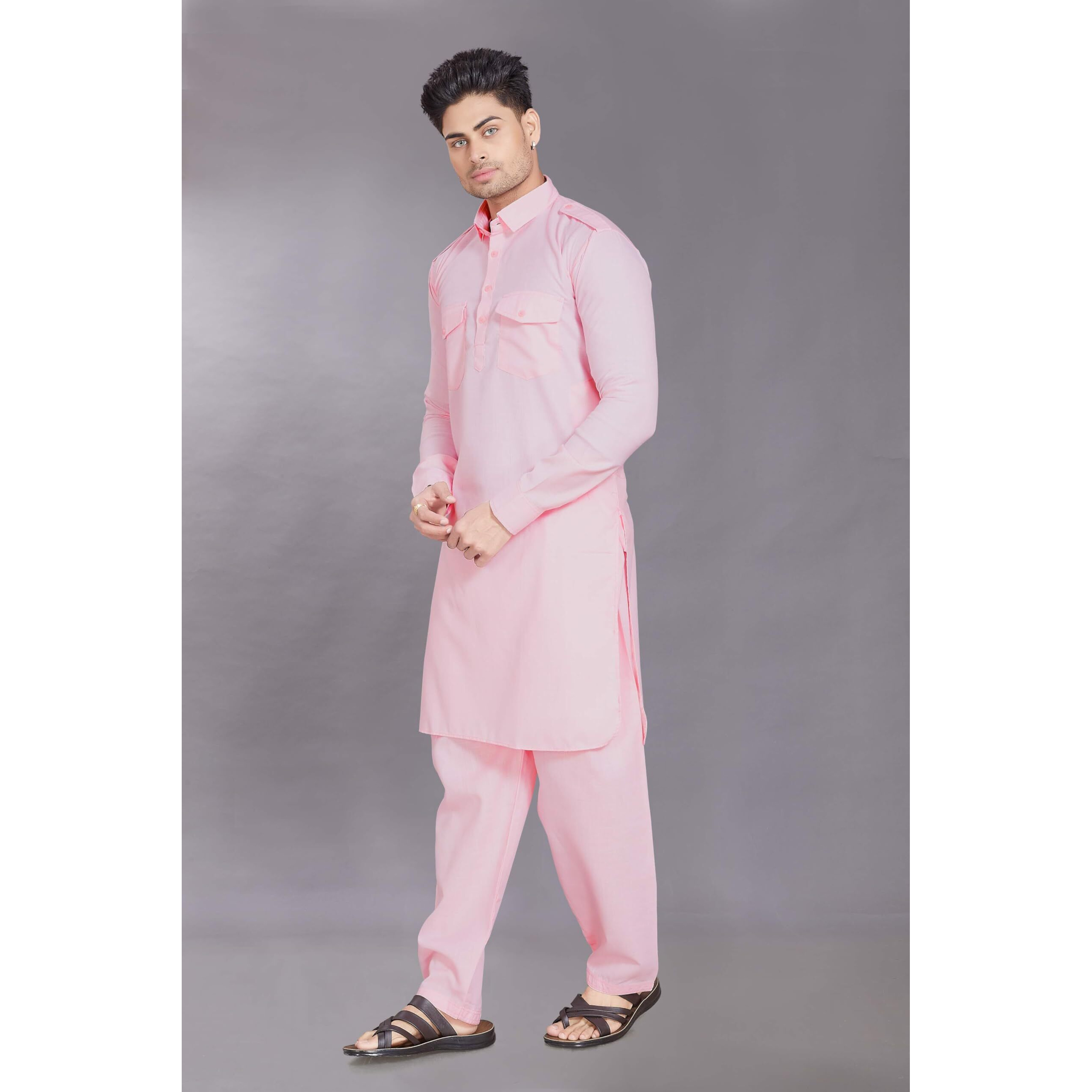 Divisive Men's Cotton Blend Pathani Kurta Pyjama Set (Dkrt462_S_Pink)
