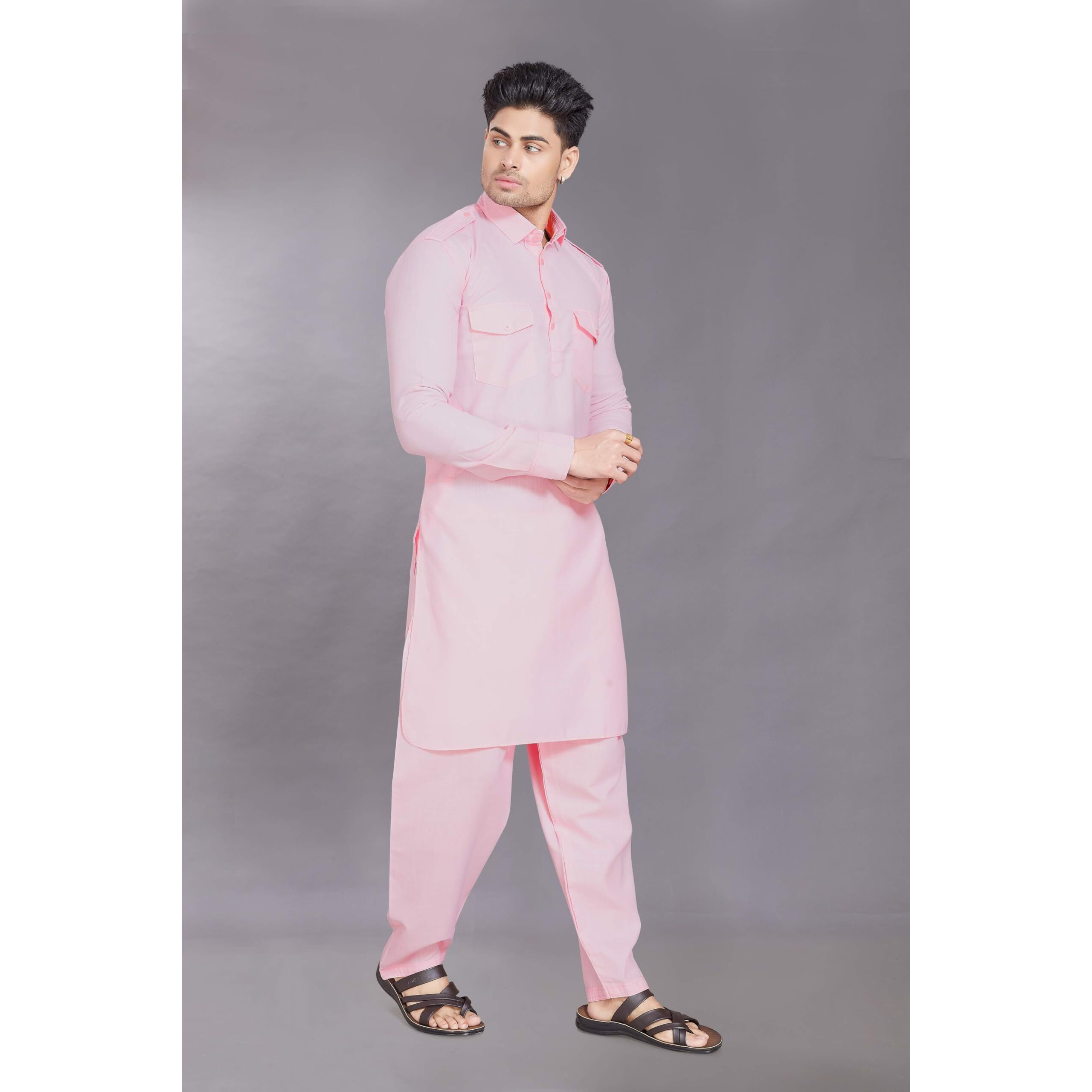 Divisive Men's Cotton Blend Pathani Kurta Pyjama Set (Dkrt462_S_Pink)