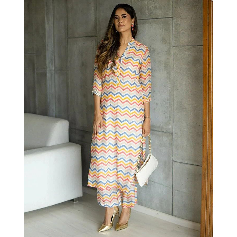 Fabnex Women Cotton Blend Printed Kurta Set | Kurta Sets Kurtis | Kurta Pant Set | Kurta Pant Set Kurti Set With Pant (K-78-79) (Off White, Xl)