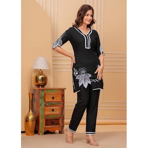Fabnex Kurta Set For Women | Women Kurta | Women Kurta Sets Kurtis | Women Kurta Pant Set | Women Kurta Pant Set Women (K-115-Black-M)