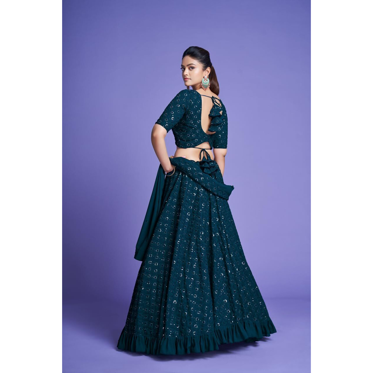 Fashion Basket Georgette Embroidery Work Lehenga Set For Women. (Turquoise)