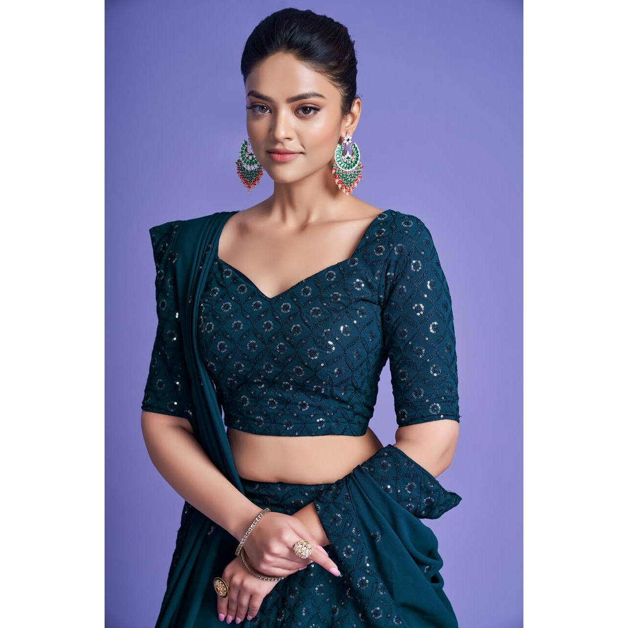 Fashion Basket Georgette Embroidery Work Lehenga Set For Women. (Turquoise)