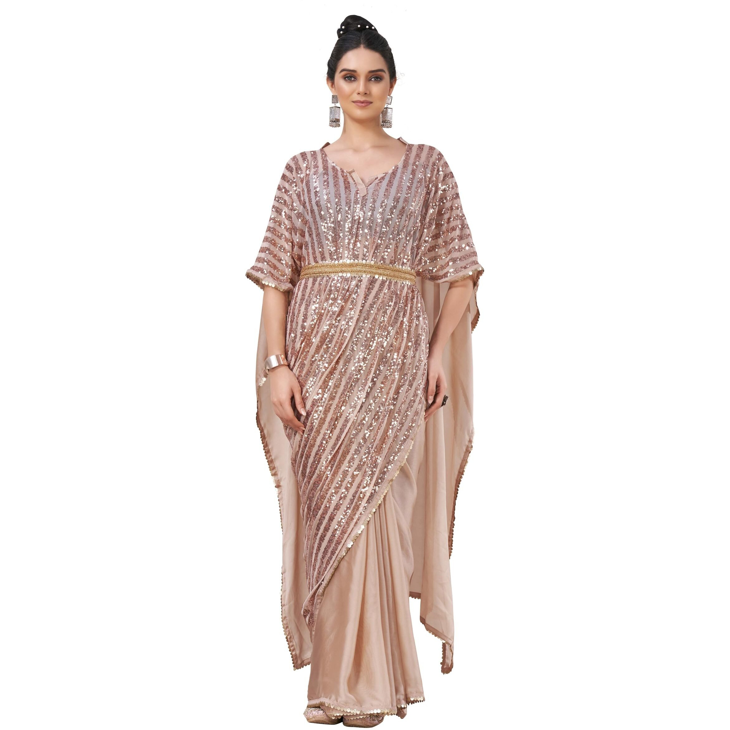 Womanista Women's Satin Kaftaan Saree With Belt (Ti6799_Beige)