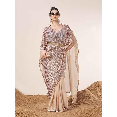 Womanista Women's Satin Kaftaan Saree With Belt (Ti6799_Beige)