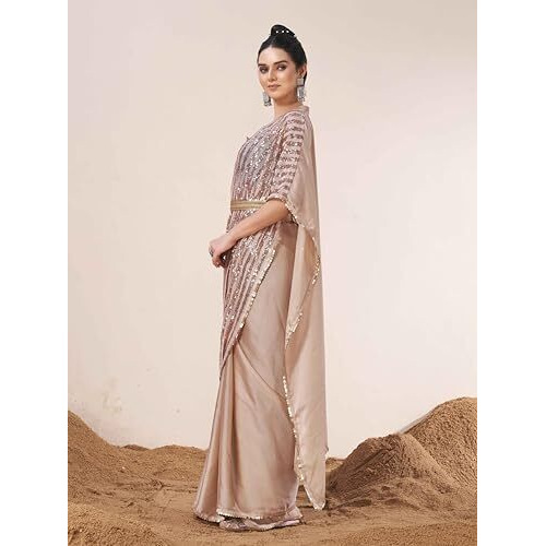 Womanista Women's Satin Kaftaan Saree With Belt (Ti6799_Beige)