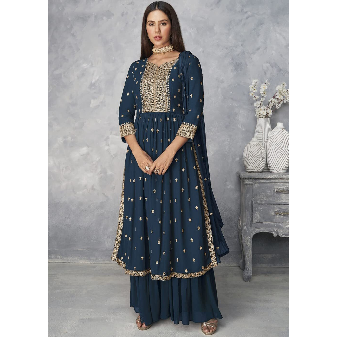 Xomantic Fashion Women's Ethnic Wear Nyra Cut Embroidery Kurti Plazzo And Dupatta (Small, Kerocene)