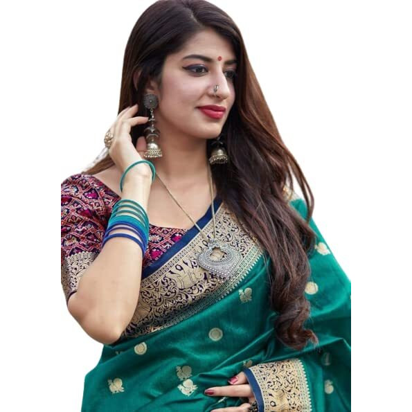 Flosive Women's Present Banarasi Soft Lichi Silk Saree Beautiful Jacquard Rich Pallu Design Work Zari Woven Kanjivaram Silk Style Saree Royal Patola With Soft Lichi Silk Blouse Piece (Firoji)