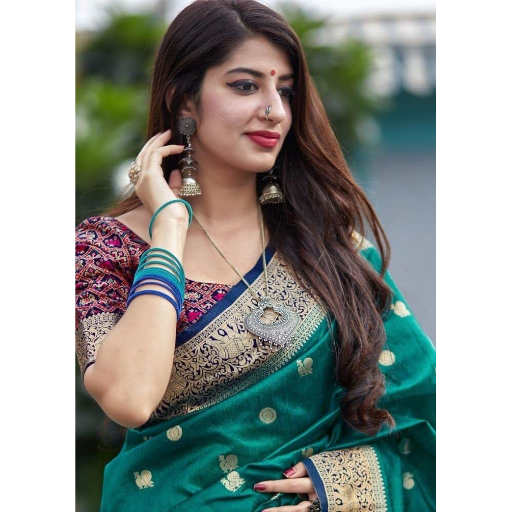 Flosive Women's Present Banarasi Soft Lichi Silk Saree Beautiful Jacquard Rich Pallu Design Work Zari Woven Kanjivaram Silk Style Saree Royal Patola With Soft Lichi Silk Blouse Piece (Firoji)