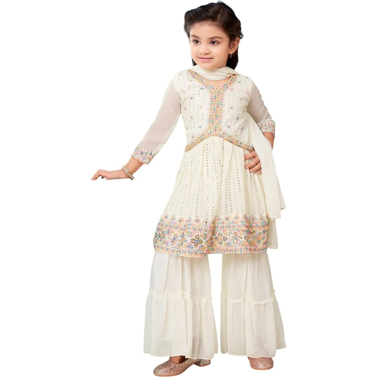 Aarika Girls Ethnic Wear Cream Colour Thread Sequin Embroidery Georgette Kurti Sharara Set (5-11 Years)