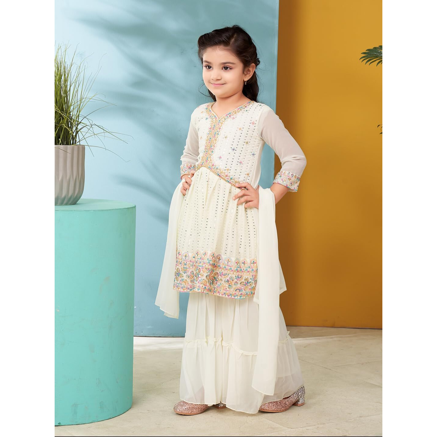Aarika Girls Ethnic Wear Cream Colour Thread Sequin Embroidery Georgette Kurti Sharara Set (5-11 Years)