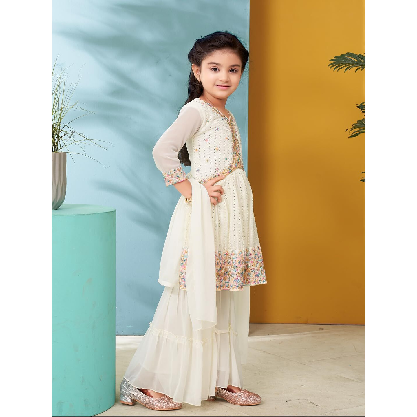 Aarika Girls Ethnic Wear Cream Colour Thread Sequin Embroidery Georgette Kurti Sharara Set (5-11 Years)