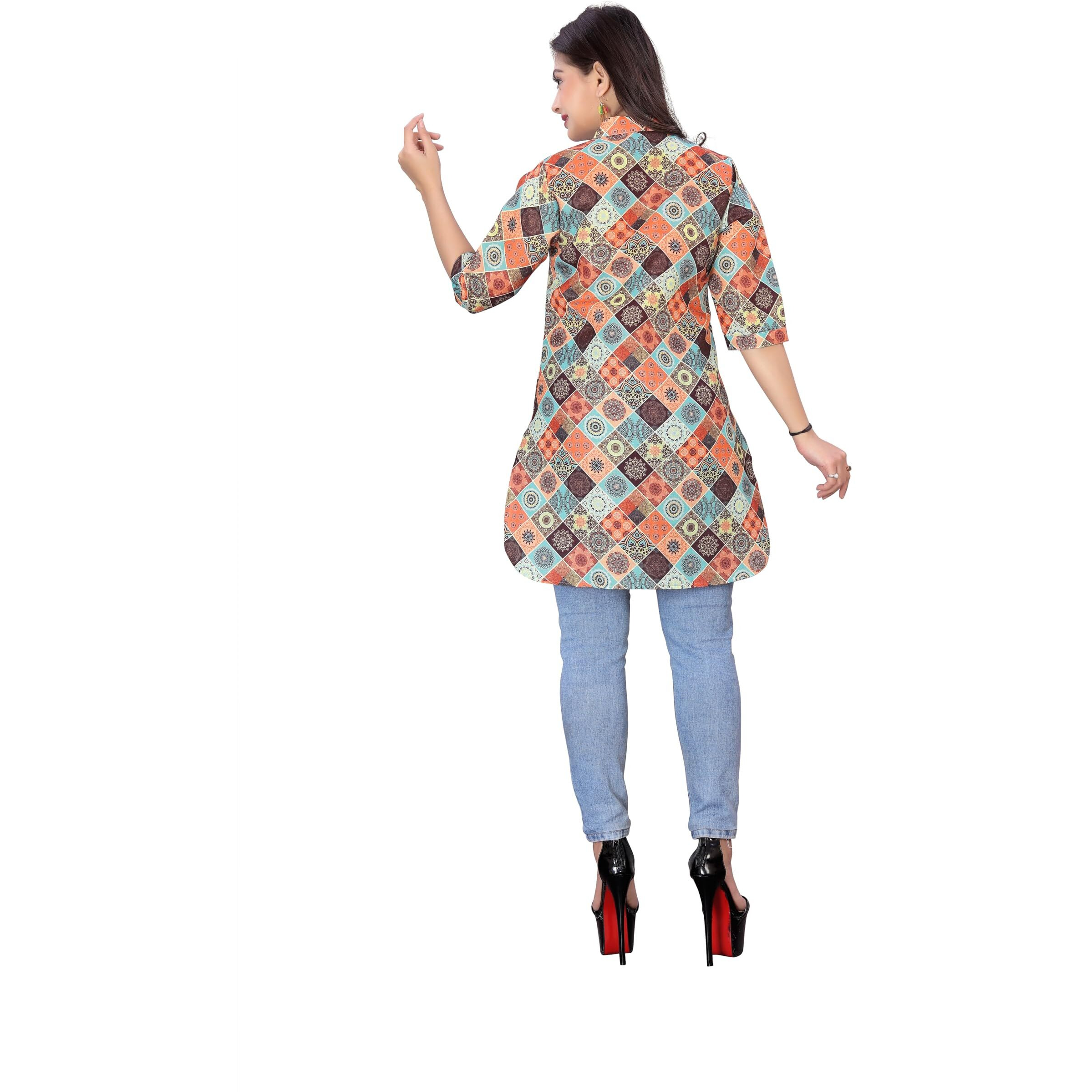 Gauri Laxmi Enterprise Women's Art Silk Blend Foil Print Regular Mg Kurti 05-M_Multi Boxes