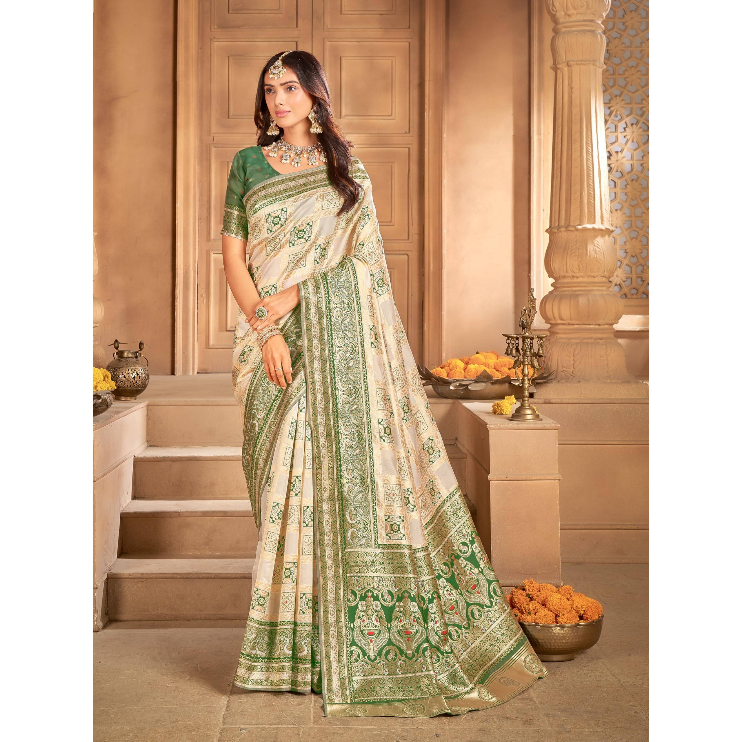 Glory Sarees Women's Patola Silk Saree With Blouse Piece (Patola_Green)