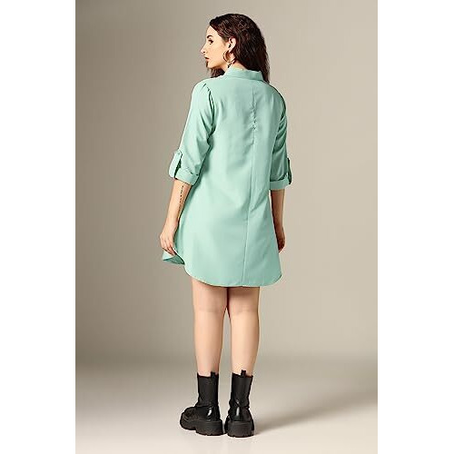 Greciilooks Western Dress For Women| Shirt Collar Solid A-Line Dress| Plus Roll Tab Sleeve Shirt Dress| Women's Comfort Summer Dress| Dress Perfect For Outing (Large, Light Orange)