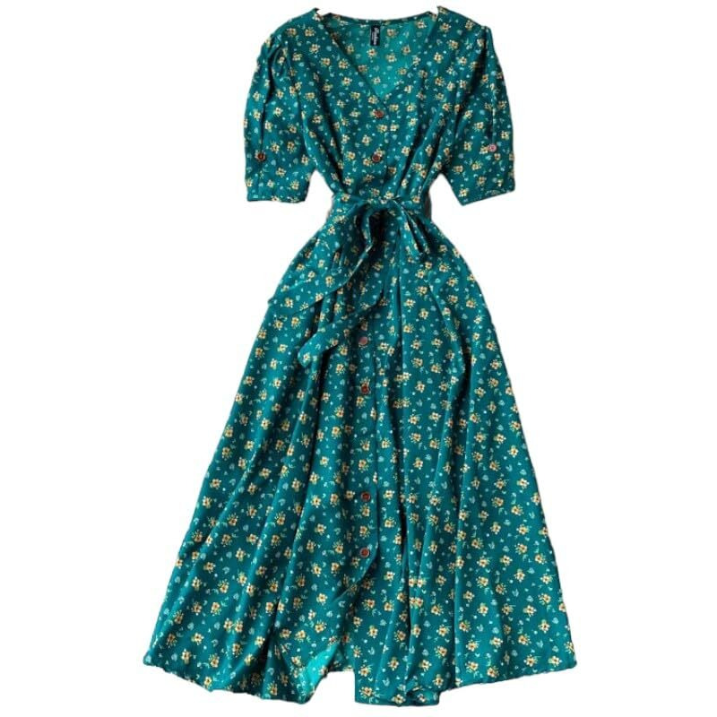 Gufrina Dresses For Women Half Sleeve || Floral Print || V-Neck And Puff Sleeves || Front Open Button & Tie-Up || Midi Dress (Green M)