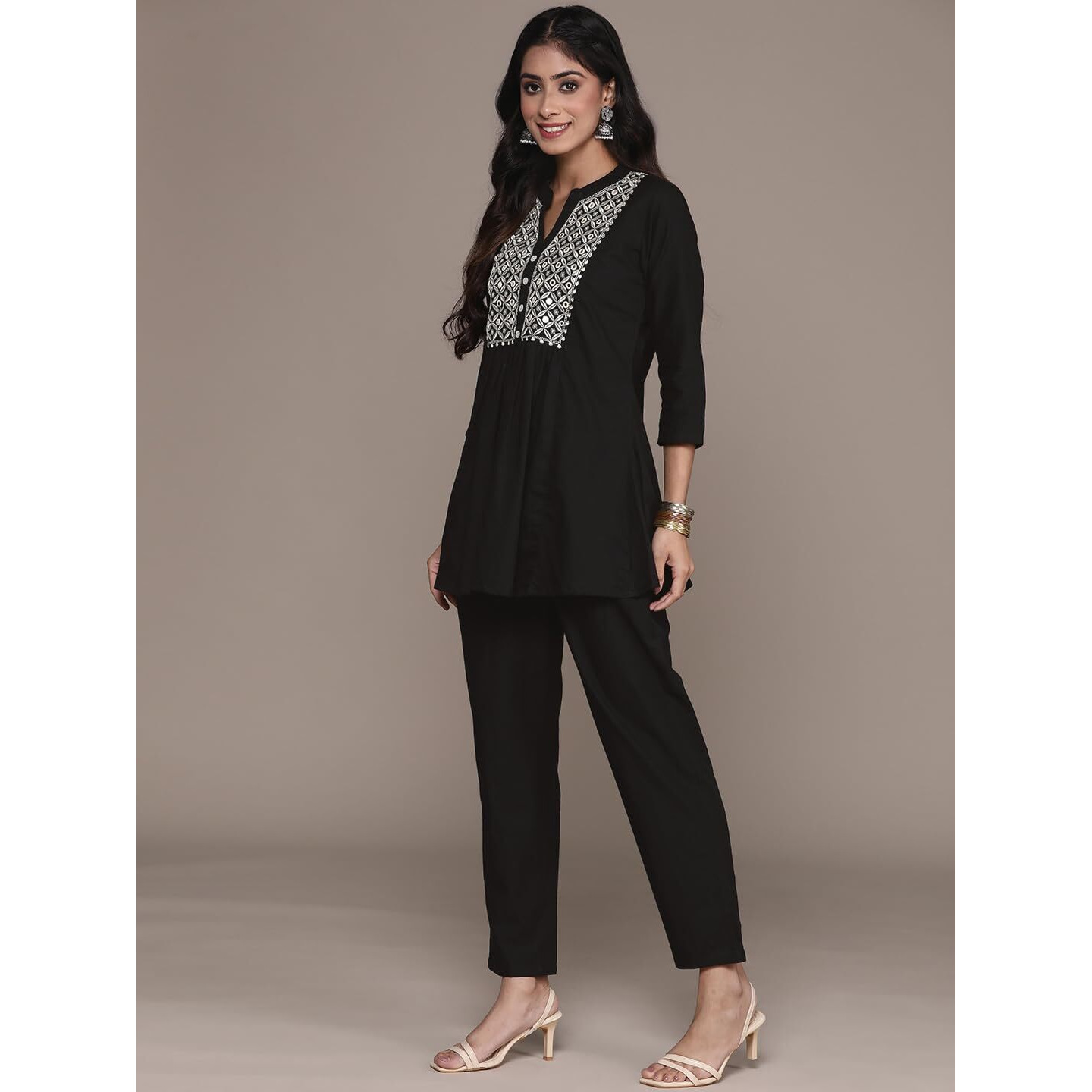 Anubhutee Women's Black Mirror Work Embroidered A Line Pure Cotton Co-Ord Set