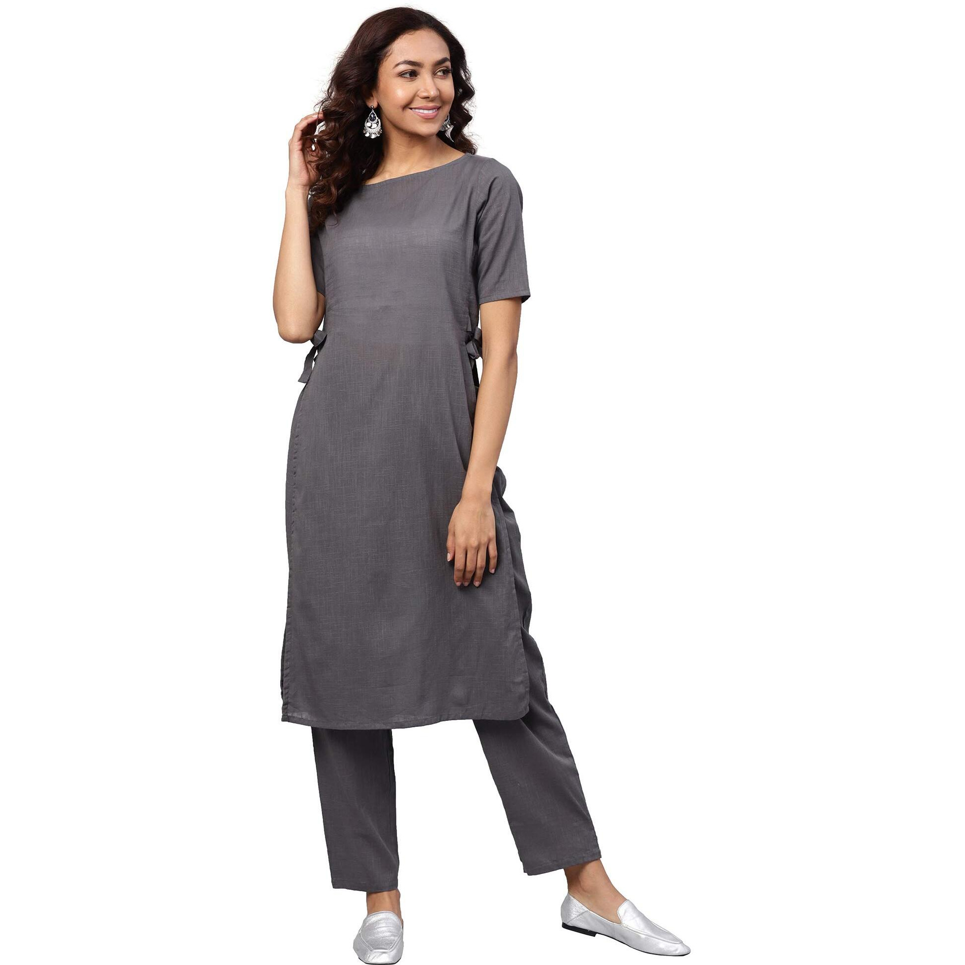 Idalia Rayon Solid Straight Kurta Set For Women 3/4 Sleeve, Round V Neck Designer Kurta With Pant