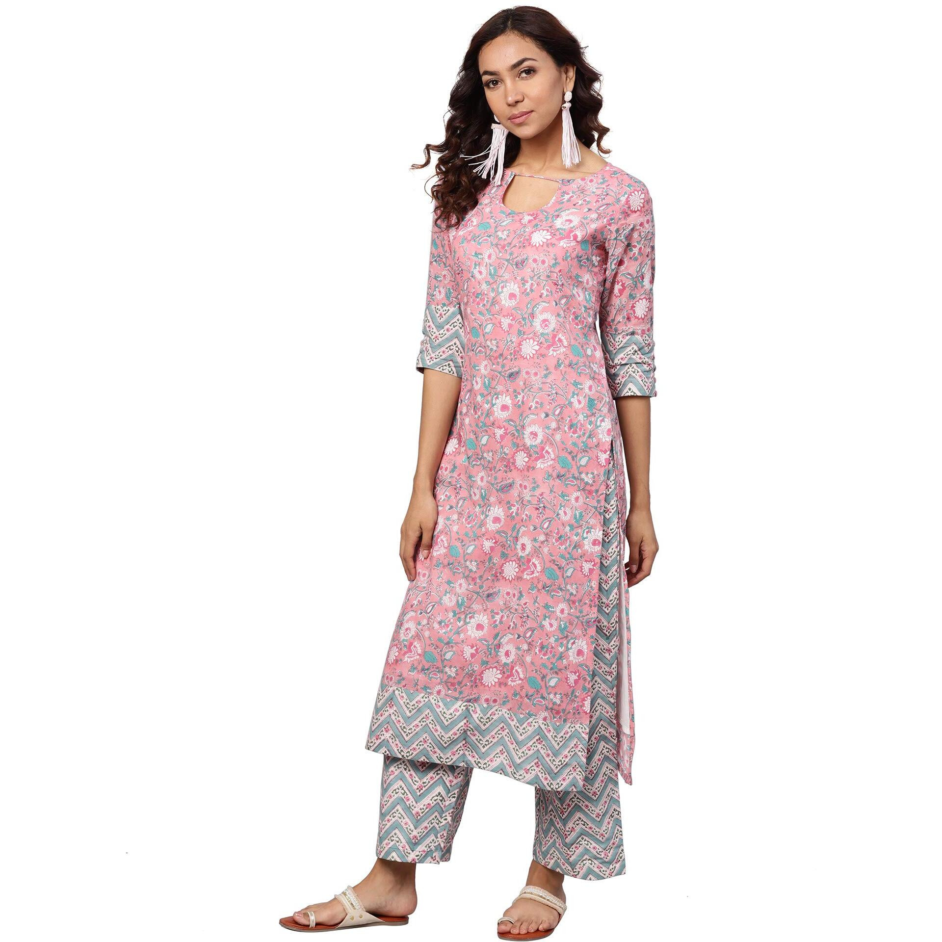 Idalia Women's Turquoise And Pink Floral Printed Straight Cotton Kurta Set With Palazzo Pant