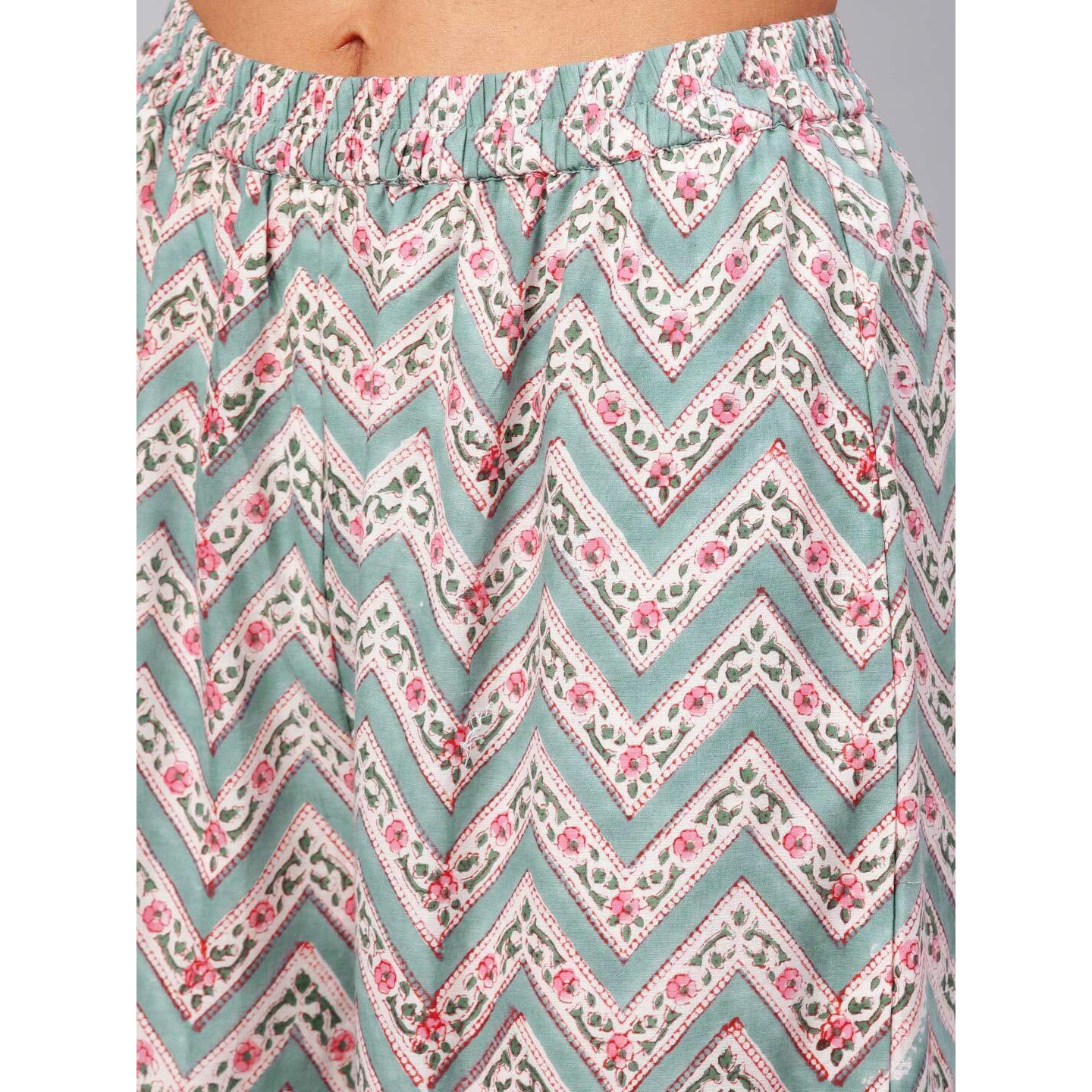 Idalia Women's Turquoise And Pink Floral Printed Straight Cotton Kurta Set With Palazzo Pant