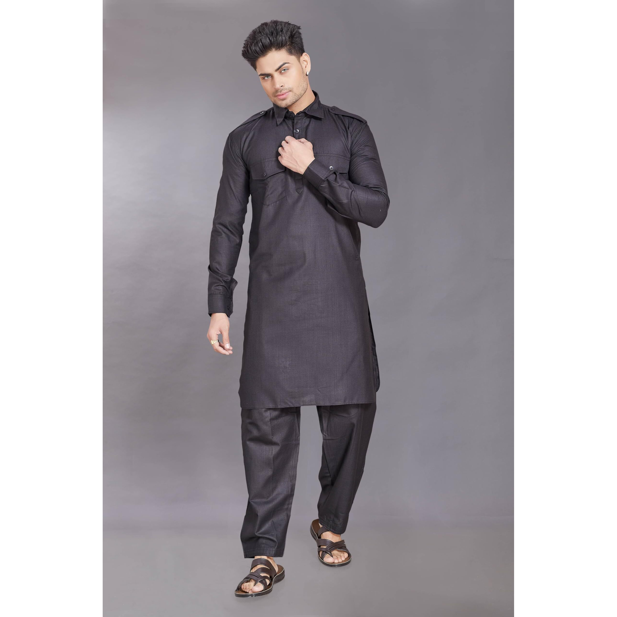 Divisive Men's Cotton Blend Pathani Kurta Pyjama Set (Dkrt455_L_Black)