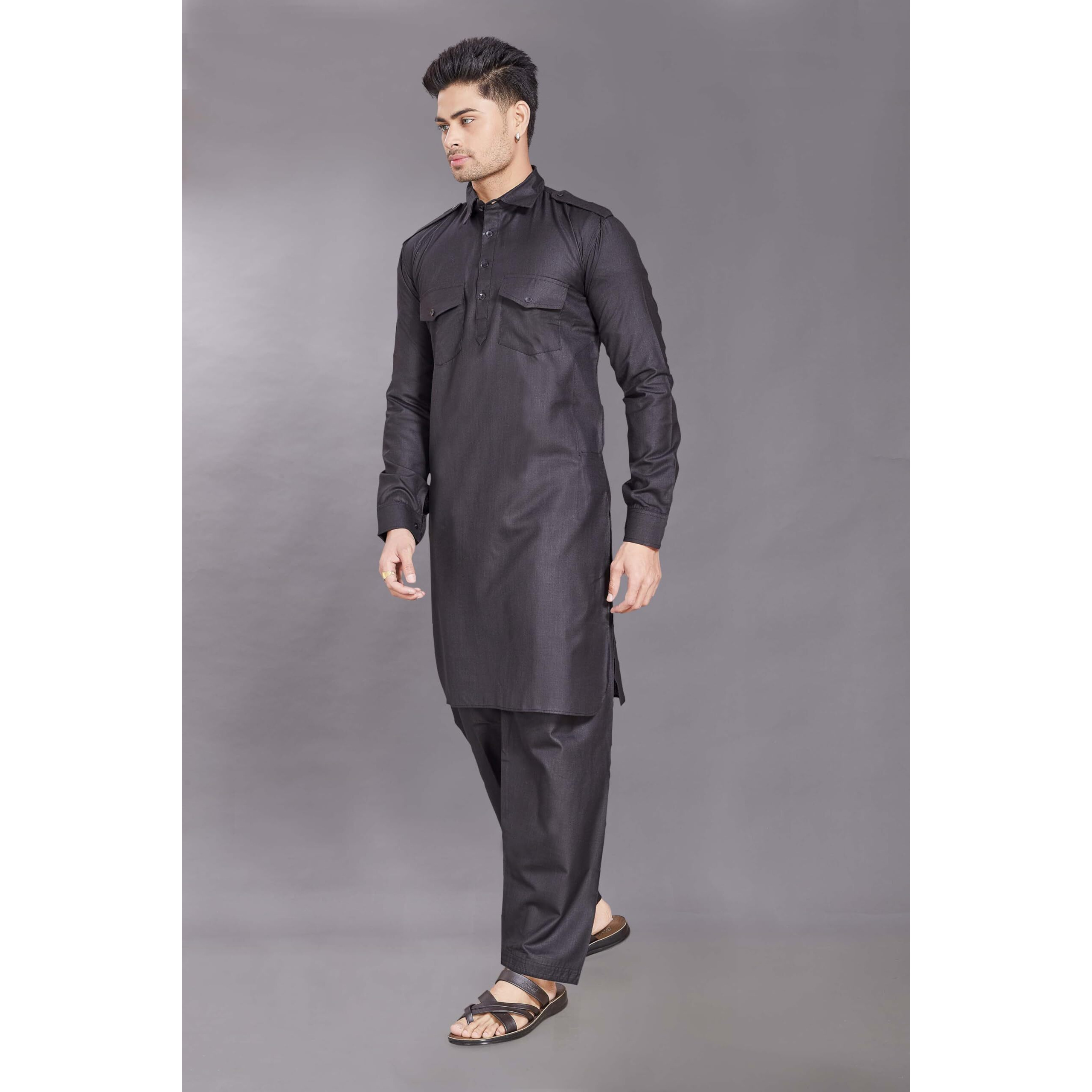 Divisive Men's Cotton Blend Pathani Kurta Pyjama Set (Dkrt455_L_Black)