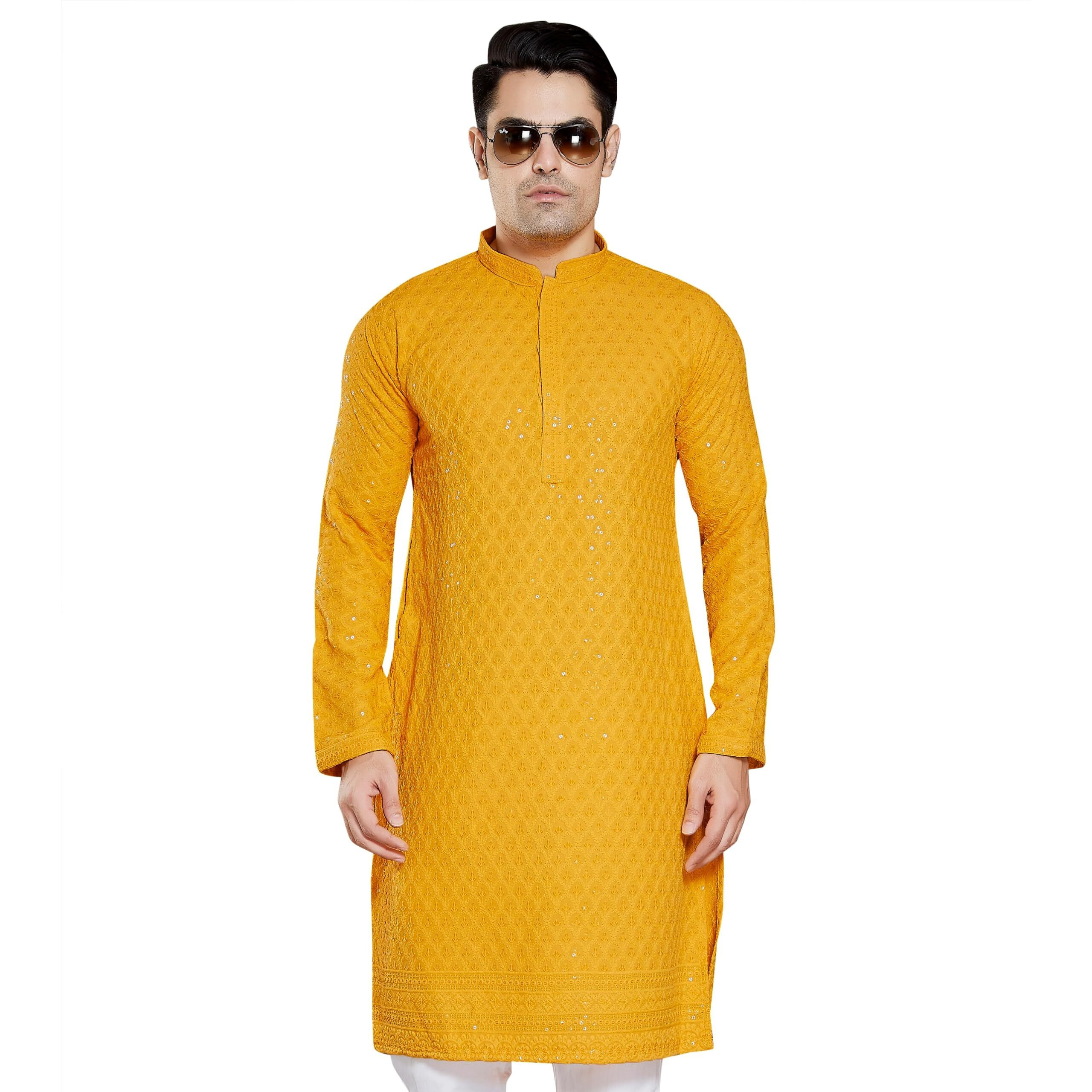 Divisive Men's Sequince Embroidered Cotton Blend Only Kurta (Dkrt1_M_Yellow)