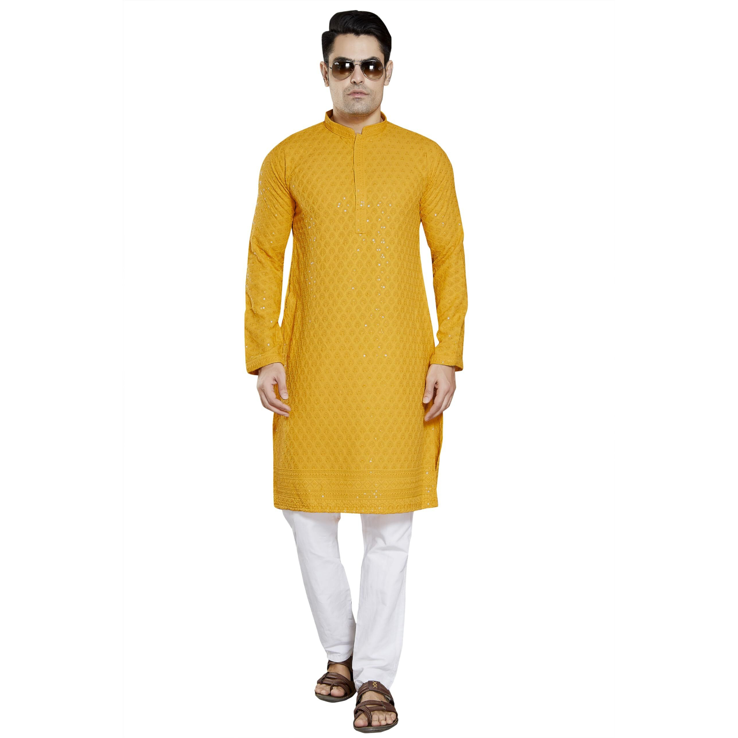 Divisive Men's Sequince Embroidered Cotton Blend Only Kurta (Dkrt1_M_Yellow)