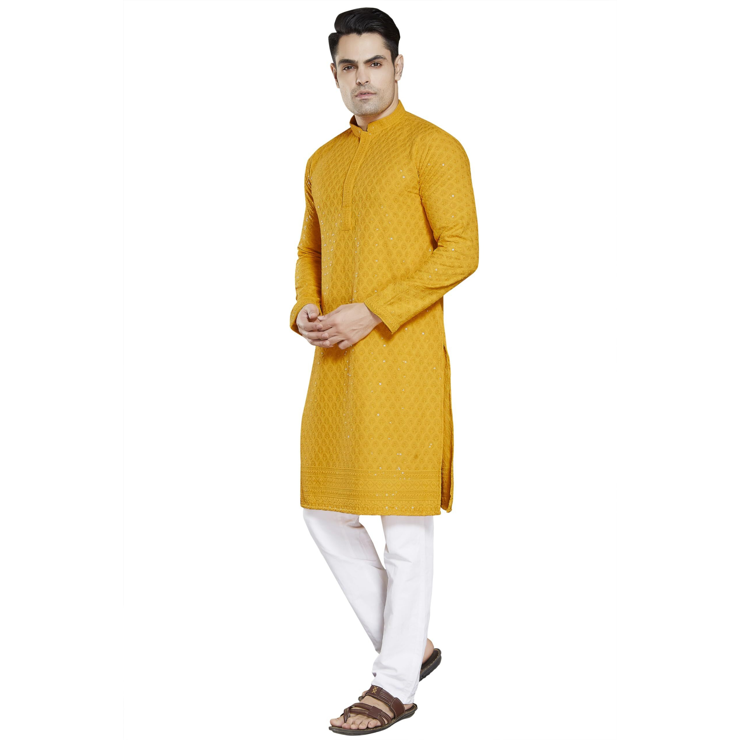 Divisive Men's Sequince Embroidered Cotton Blend Only Kurta (Dkrt1_M_Yellow)
