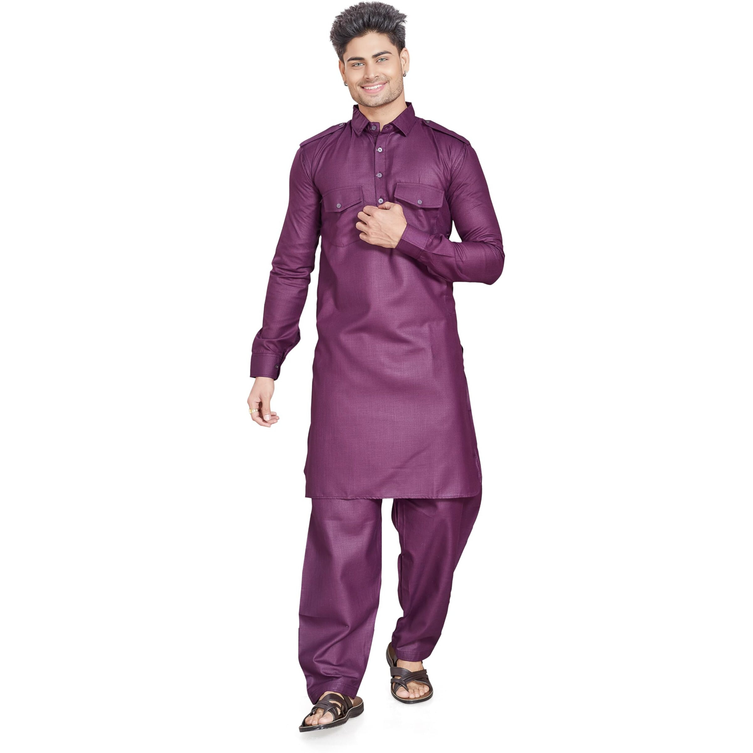 Divisive Men's Cotton Blend Pathani Kurta Pyjama Set (Dkrt460_L_Wine)