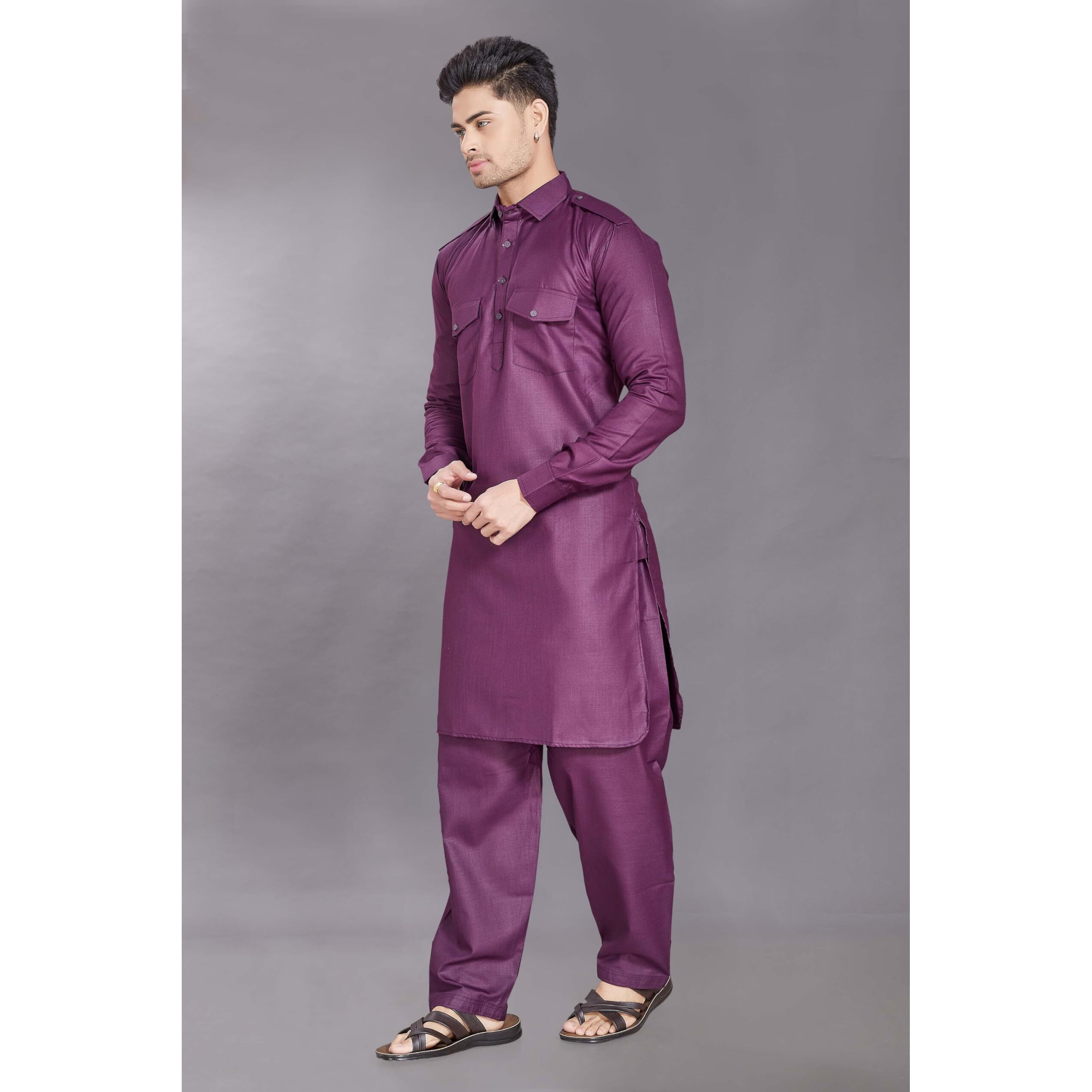 Divisive Men's Cotton Blend Pathani Kurta Pyjama Set (Dkrt460_L_Wine)