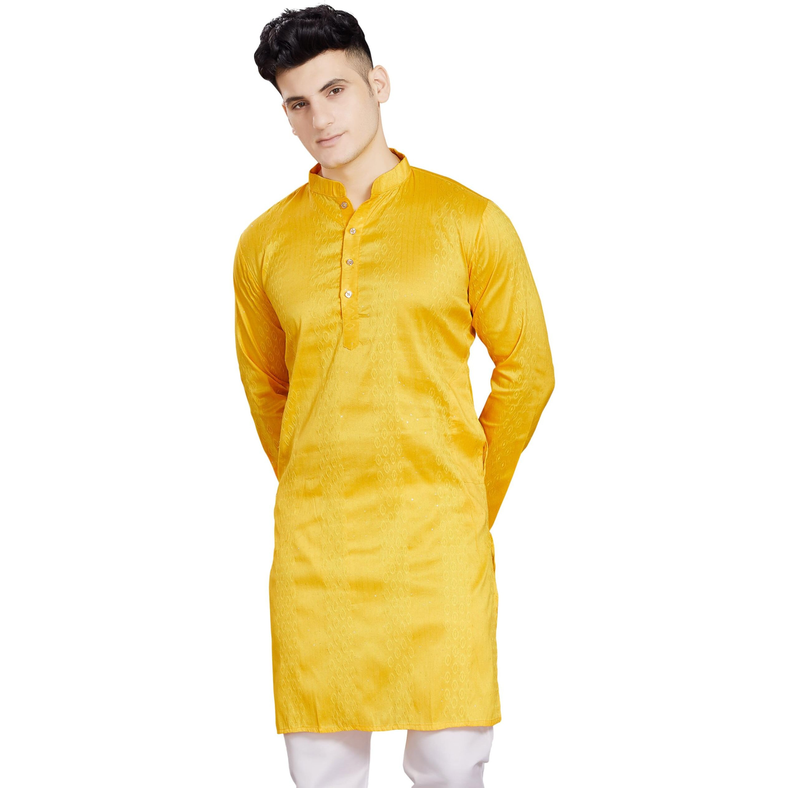 Divisive Men's Jequard Embroidered Art Silk Slim Fit Only Kurta (Dkrt426_S_Yellow)