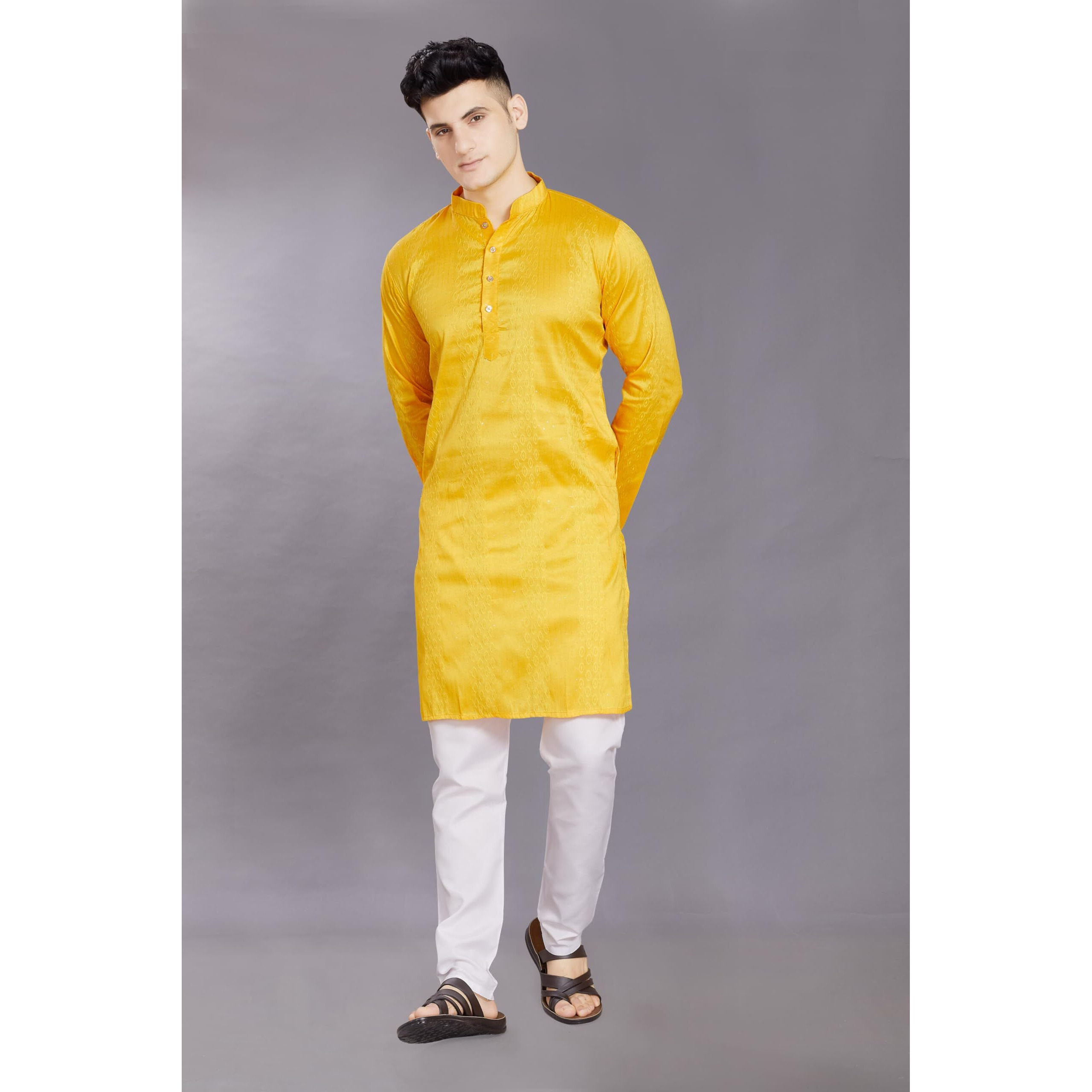 Divisive Men's Jequard Embroidered Art Silk Slim Fit Only Kurta (Dkrt426_S_Yellow)