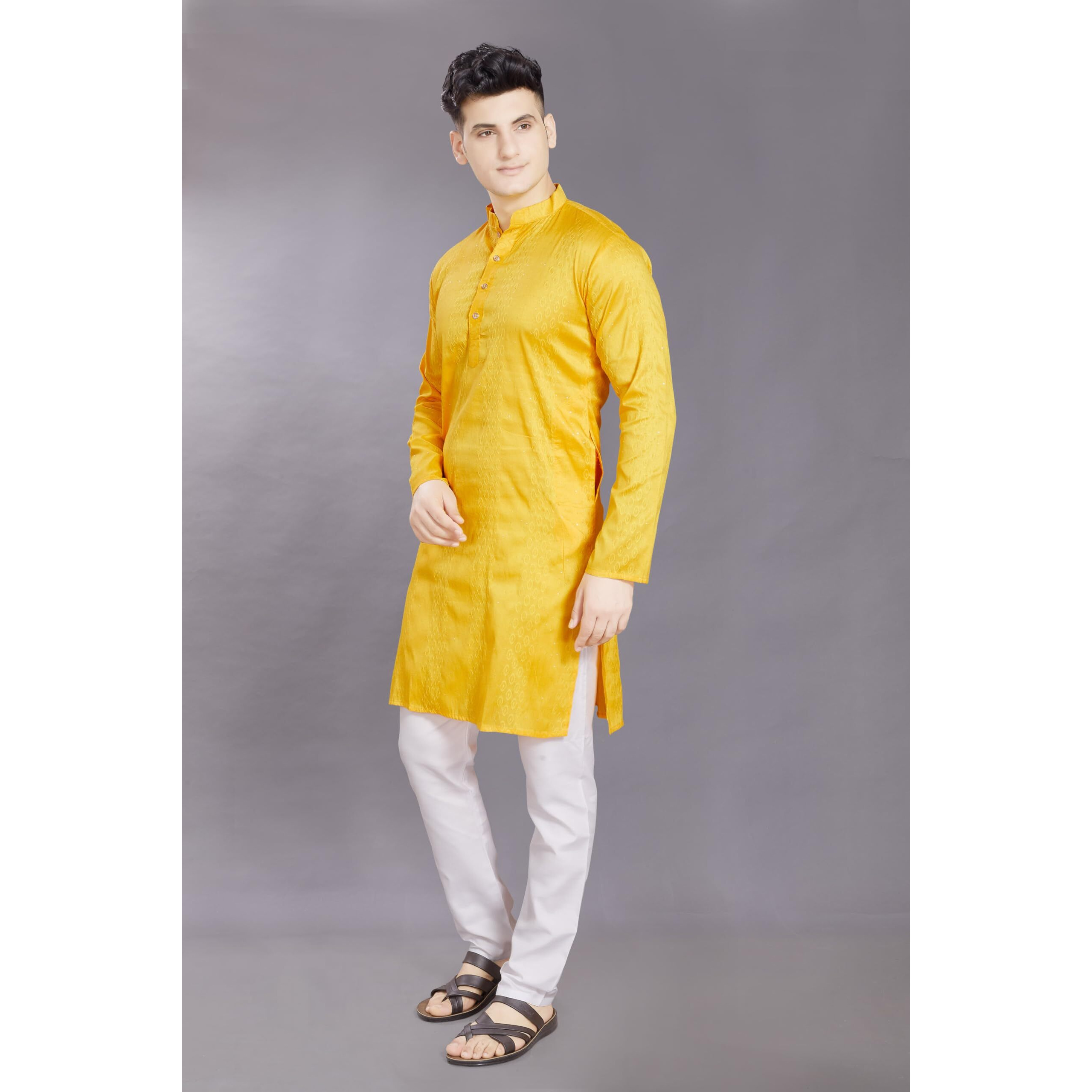 Divisive Men's Jequard Embroidered Art Silk Slim Fit Only Kurta (Dkrt426_S_Yellow)