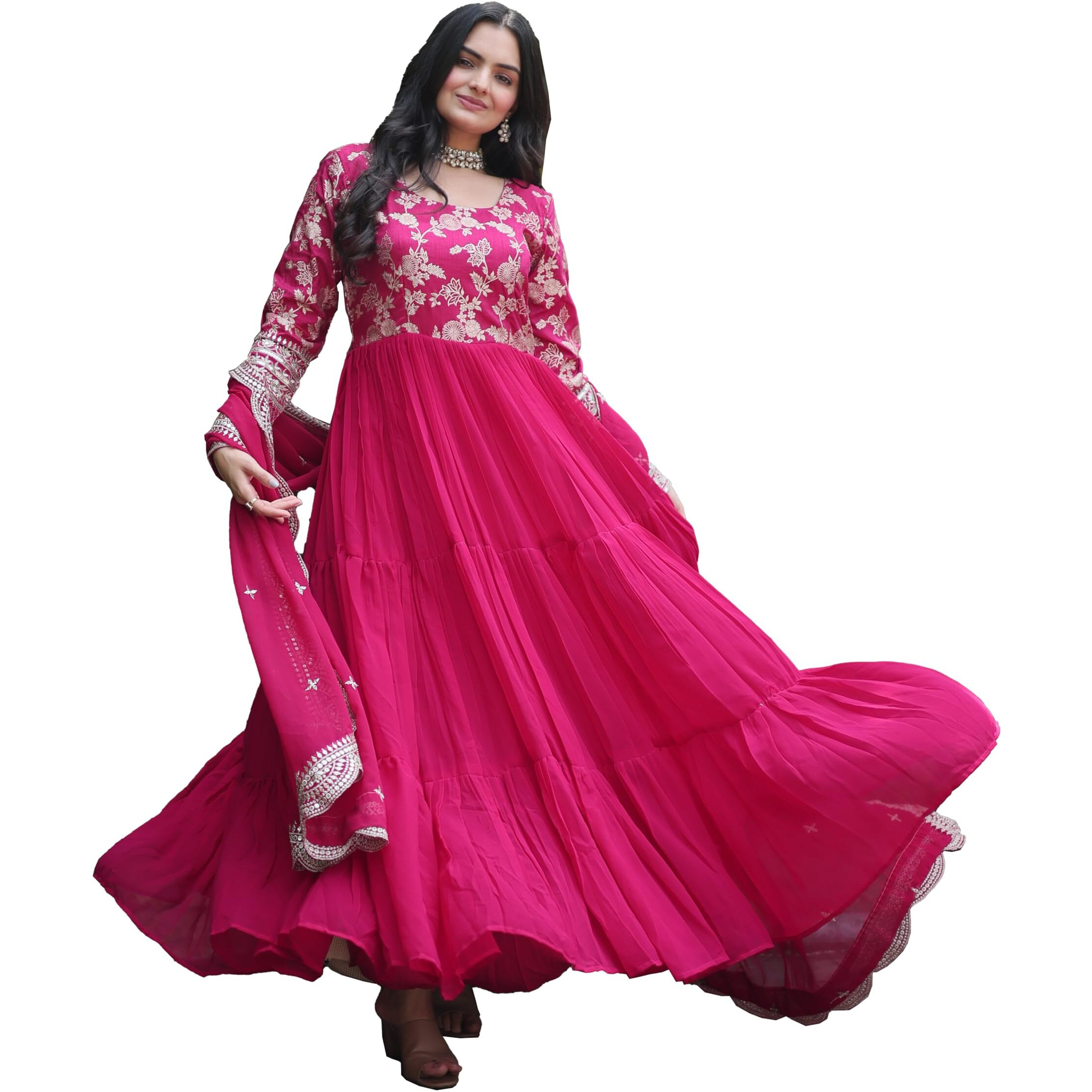 Fashion Basket Women's Fox Georgette Anarkali Kurta Set Duptta For Women (Pink, M)