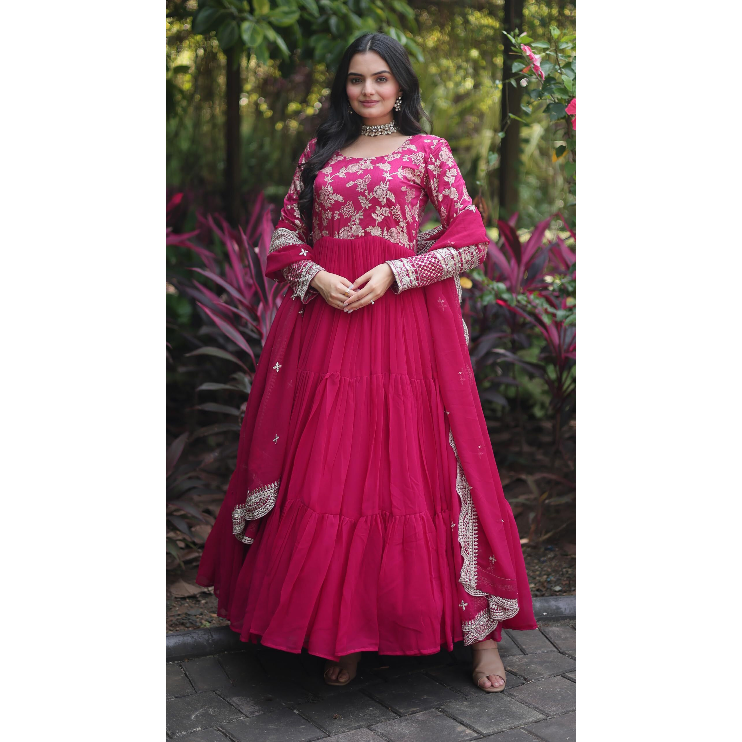 Fashion Basket Women's Fox Georgette Anarkali Kurta Set Duptta For Women (Pink, M)