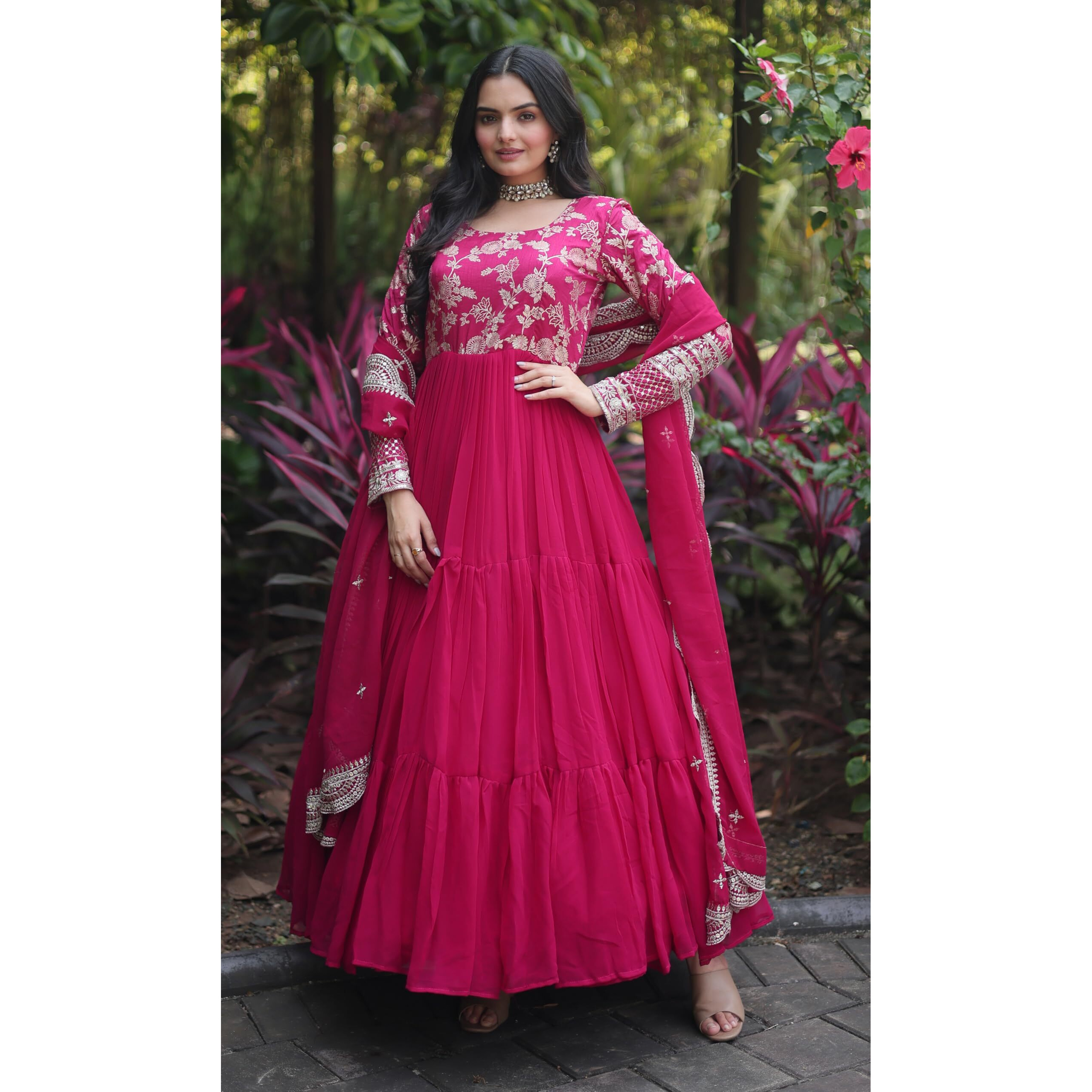 Fashion Basket Women's Fox Georgette Anarkali Kurta Set Duptta For Women (Pink, M)