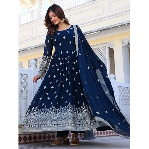 Fashion Basket Georegtte Embroidered Anarkali Long Dress For Women