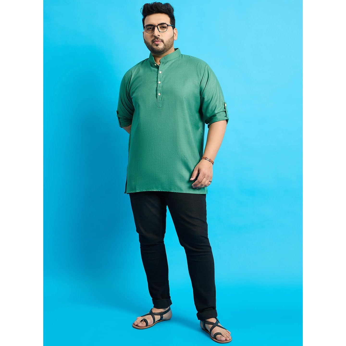 Bigbanana Plus Size Men's Regular Fit Solid Short Kurta (Pollan-Green,Green,3Xl)