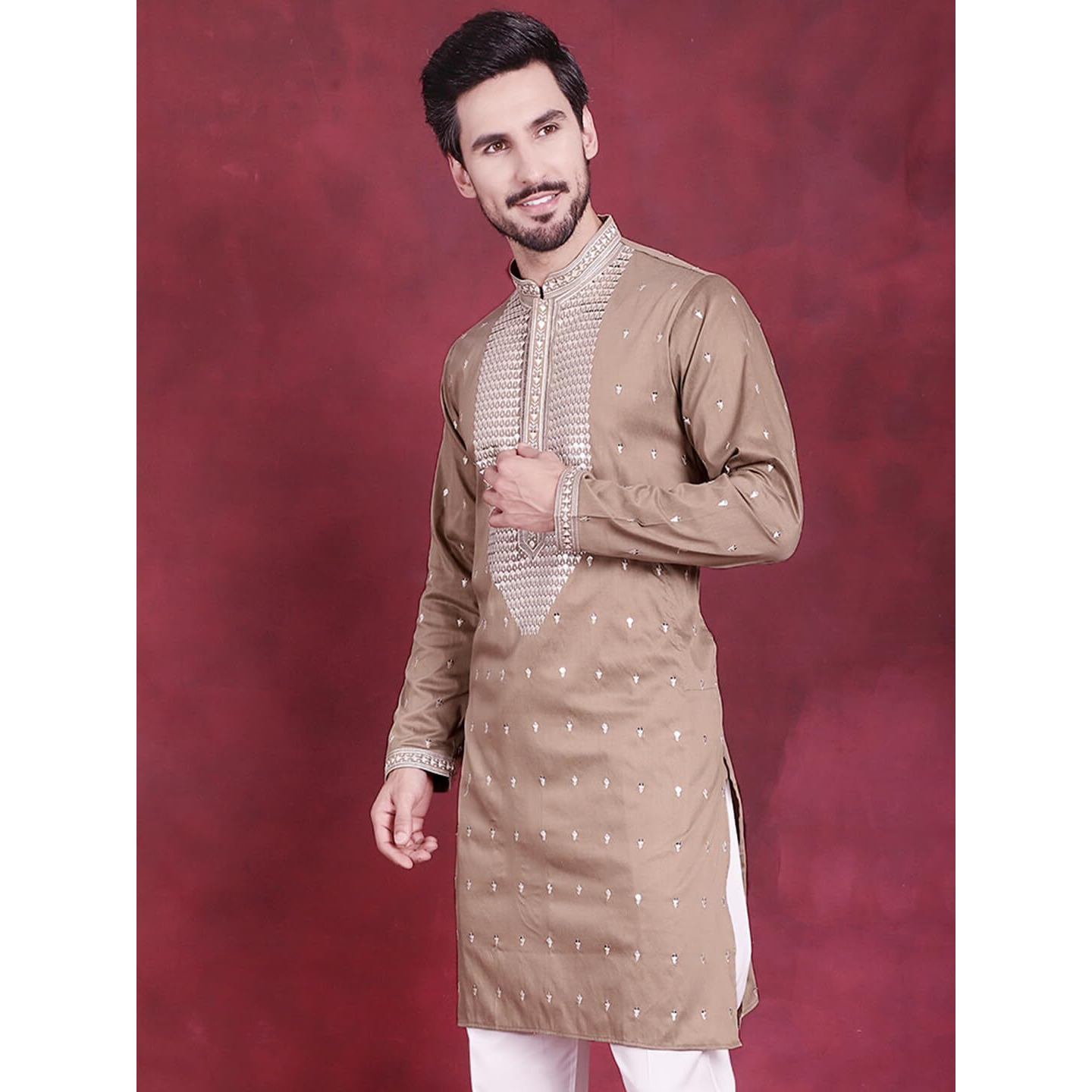 Jompers Mens Sequins Embroidered Kurtas (Beige, M)