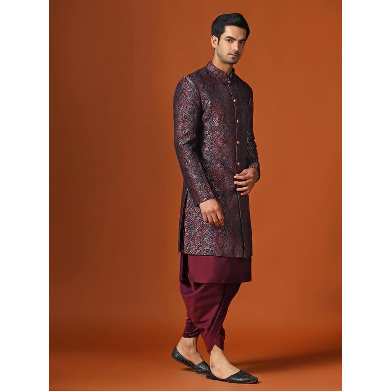 Kisah Men's Kurta Indo-Western Sherwani Dhoti Set, Multi Jacquard, Woven Design Regular Fit Mandarin Collar Long Sleeves (44)