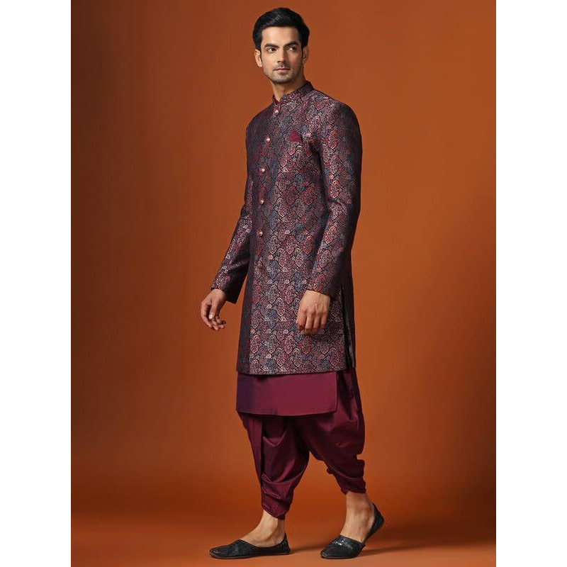 Kisah Men's Kurta Indo-Western Sherwani Dhoti Set, Multi Jacquard, Woven Design Regular Fit Mandarin Collar Long Sleeves (44)