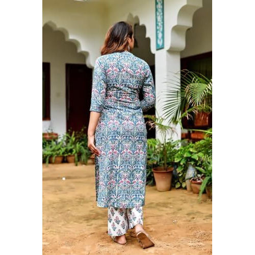 Dhruvi Trendz Womens Cotton Blend Women Kurta Set Regular Fit Regular (Dt-K2712&P134_Turquoise_3Xl)