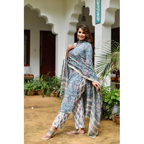 Dhruvi Trendz Womens Cotton Blend Women Kurta Set Regular Fit Regular (Dt-K2712&P134_Turquoise_3Xl)