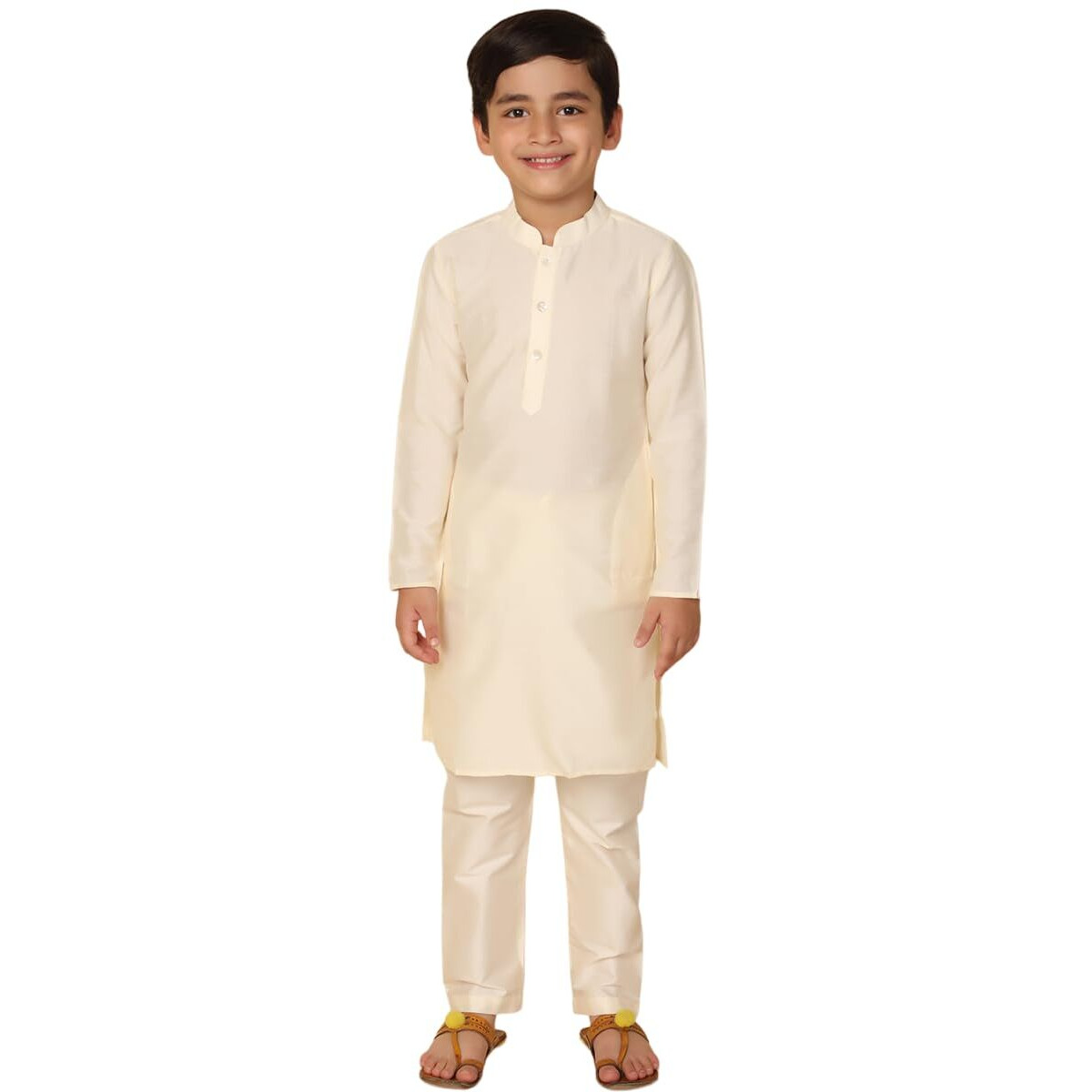 Kisah Kid's Full Sleeves Cotton Blend Knee Length Solid Off White Kurta Pyjama Set (11-12Y)