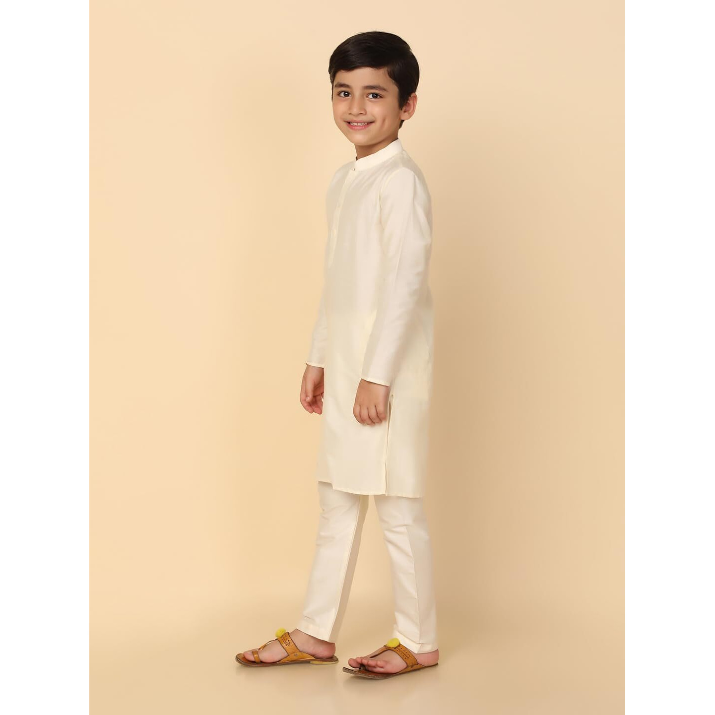 Kisah Kid's Full Sleeves Cotton Blend Knee Length Solid Off White Kurta Pyjama Set (11-12Y)