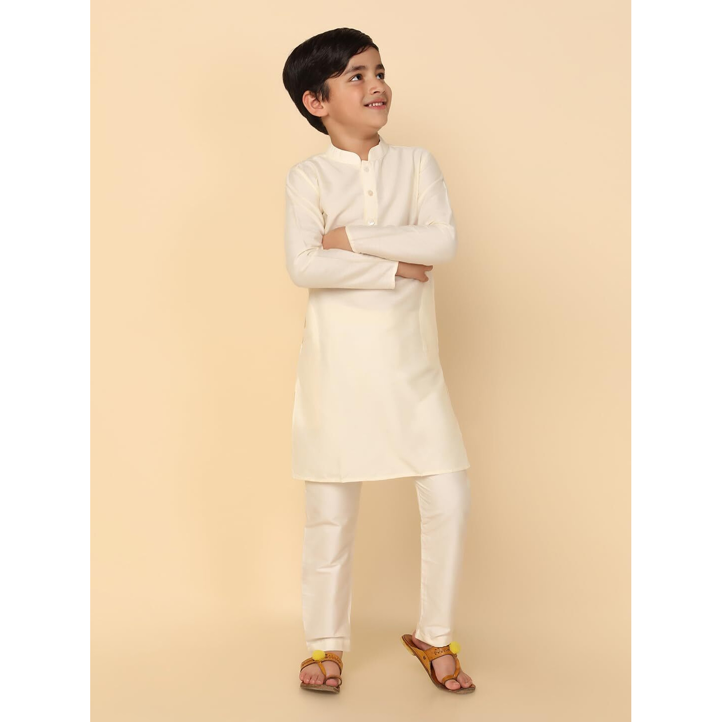 Kisah Kid's Full Sleeves Cotton Blend Knee Length Solid Off White Kurta Pyjama Set (11-12Y)