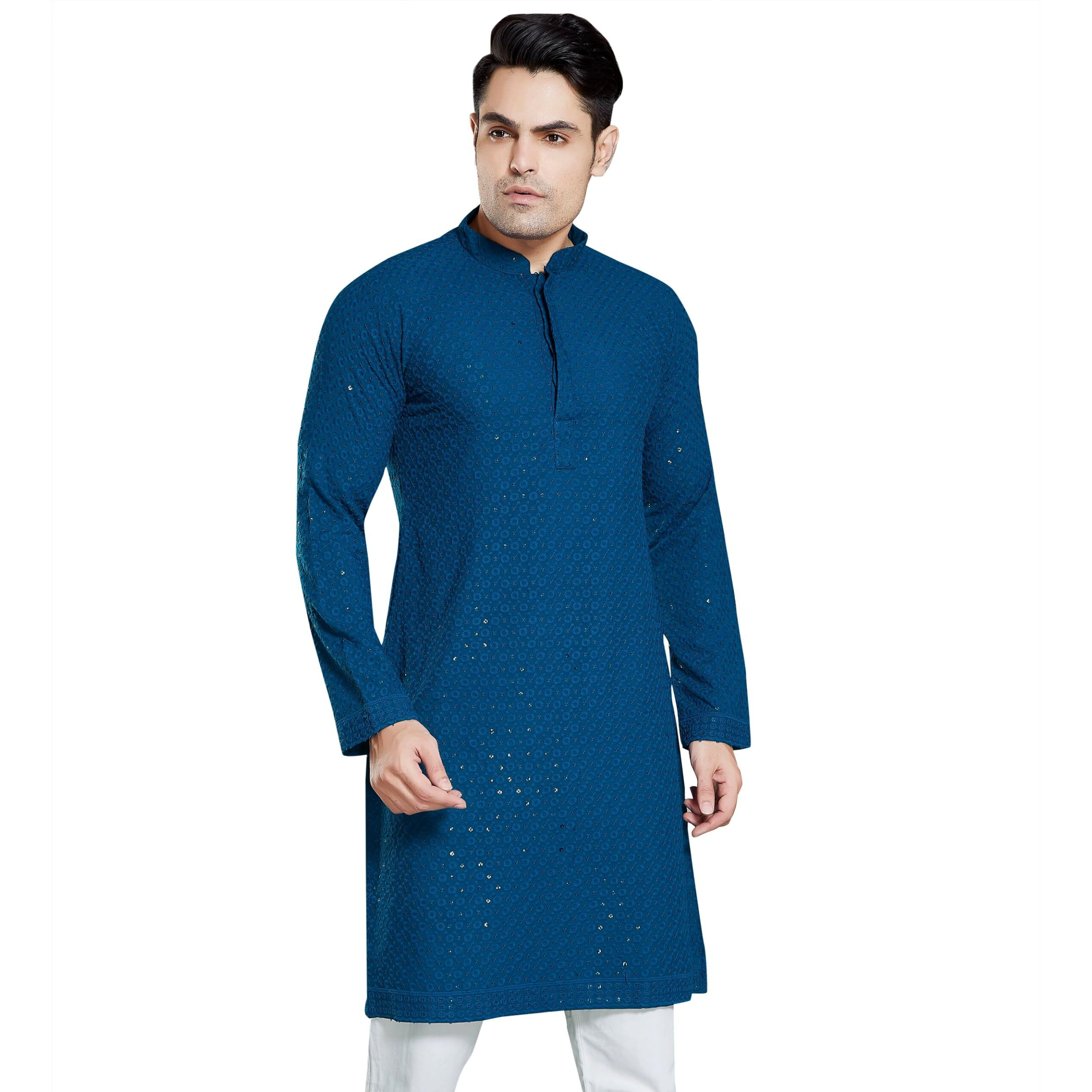 Divisive Men's Sequince Embroidered Cotton Blend Only Slim Fit Kurta (Dkrt17_S_Teal)