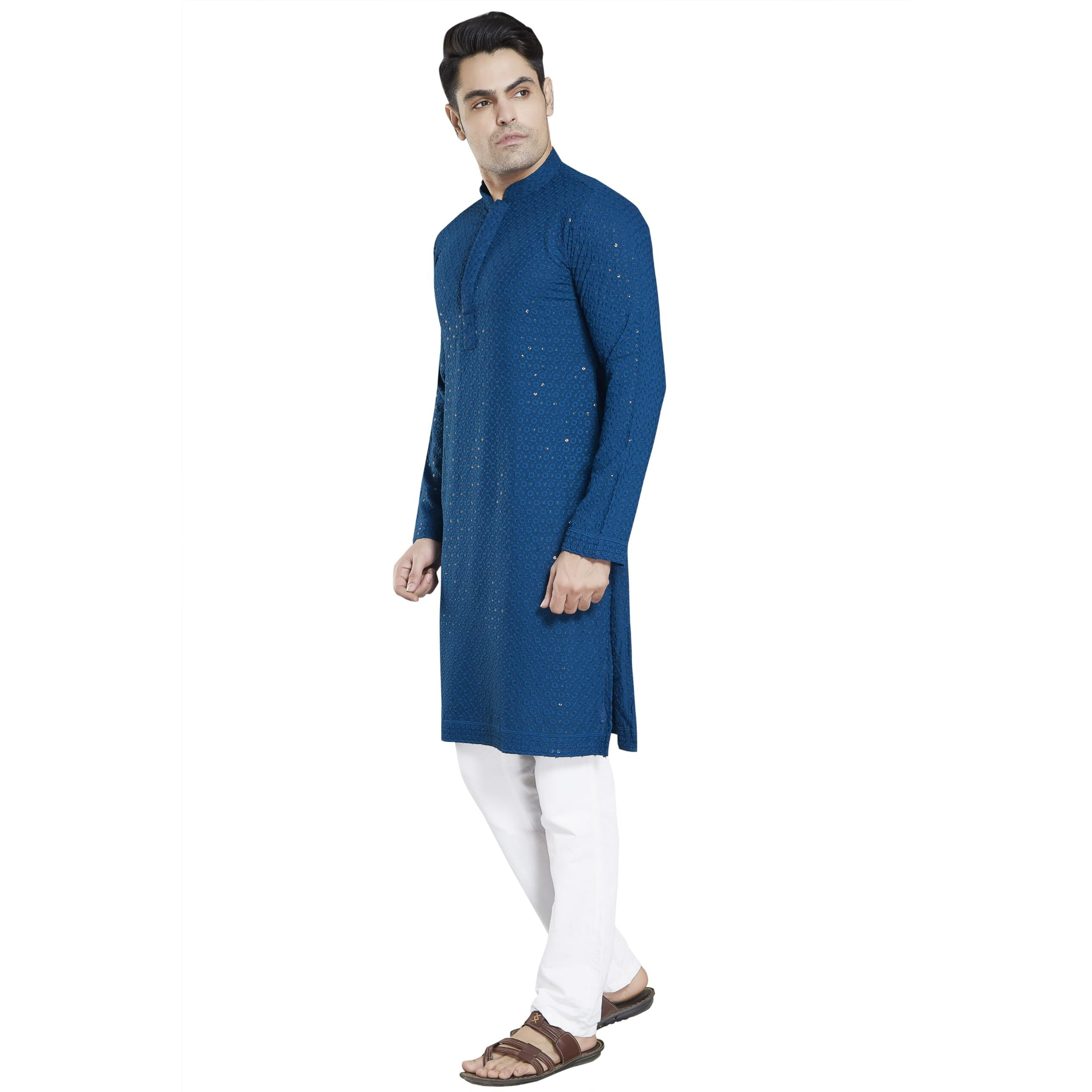 Divisive Men's Sequince Embroidered Cotton Blend Only Slim Fit Kurta (Dkrt17_S_Teal)