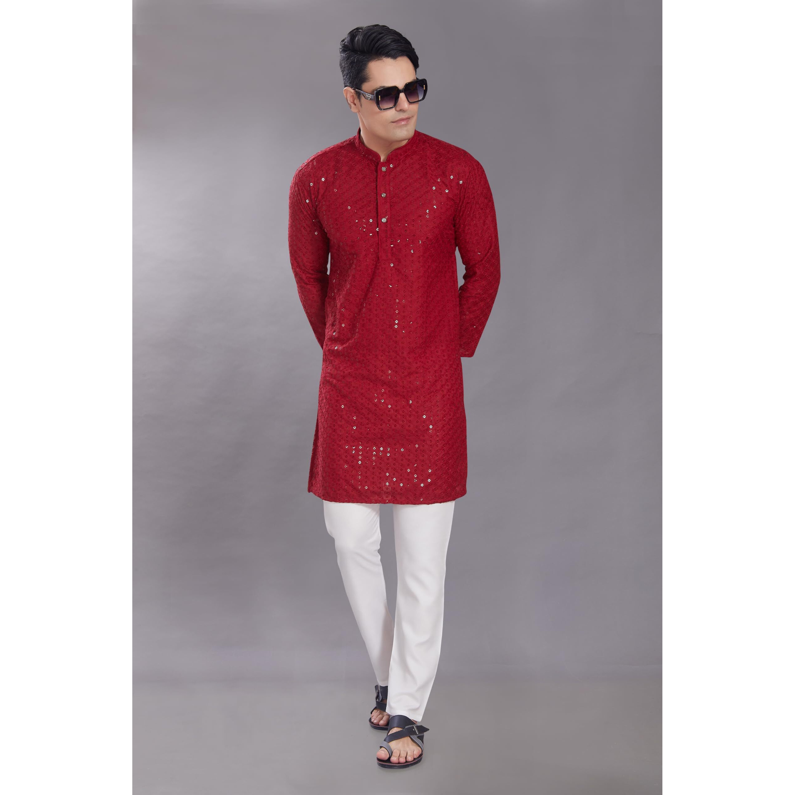 Divisive Men's Sequince Embroidered Cotton Blend Only Slim Fit Kurta (Dkrt572_M_Maroon)